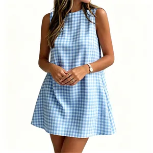 Elegant summer sleeveless blue and white gingham dress with a round neck for women