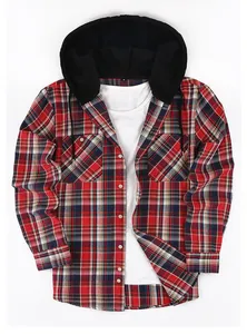 Close-up detail of red plaid long sleeve hooded shirt for men with double chest pockets