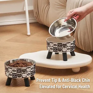 Cuenco Elevado de Acero Inoxidable para Mascotas Protección Cervical Antideslizante Alimentador para Gatos Perros Estampado Vintage Floral Cuadros Cuenco