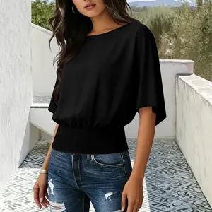 Casual loose black round neck T-shirt featuring a stylish smocked waist and batwing sleeves.