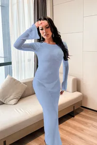 Sheer light blue long sleeve knit maxi dress beach cover-up with a slim fit for summer