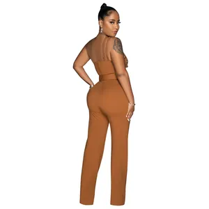Elegant brown one-shoulder wide-leg jumpsuit with belt for women, back view detail.