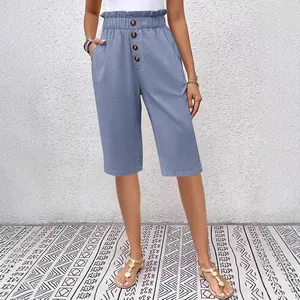 Women's blue cotton linen high waist shorts with buttons and pockets design