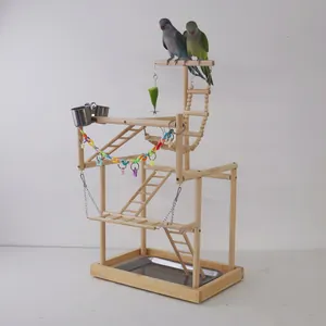 Grand Support de Jeu en Bois pour Perroquets Salle de Sport pour Oiseaux Avec Échelle Swing Mangeoires et Plateau en Inox
