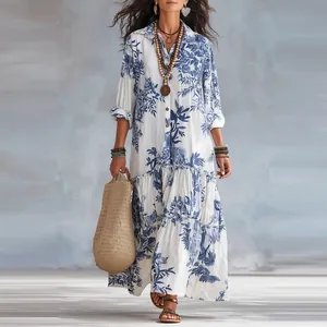 Robe Longue de Style Bohème à Imprimé Floral Pour Femmes Manches Longues Col Rabattu Boutonnée Ourlet à Étages Robe Décontractée