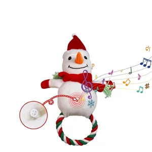 Plüschiger Weihnachts-Schneemann Hundespielzeug mit Quietscher und Seilring für Hunde