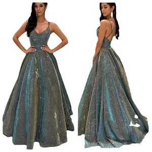 Sparkling teal A-line evening gown with iridescent glitter and floor-length design