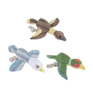 Set of 3 durable bird shaped plush dog toys with integrated cotton ropes for chewing