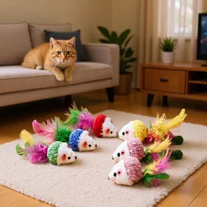 Professional set of colorful plush mouse cat toys with vibrant feather tails on a soft rug.