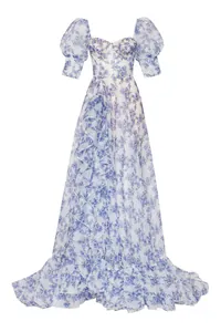 Elegant floral organza evening gown with puff sleeves and tiered ruffled skirt detail