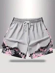 Women's double-layer sports shorts with drawstring waist and pink pixel camo inner
