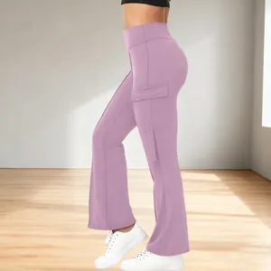 Detail view of high-waisted flared yoga pants in lavender with functional cargo pocket