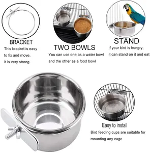 Detail of stainless steel bird feeding cups with mounting brackets for pet cages