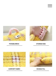 Detail view of thickened yellow plaid pet sofa bed features with handle and pocket