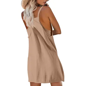 Back view of a women's casual brown backless strappy mini dress made of soft fabric
