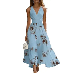 Elegant sleeveless V-neck floral print maxi dress in light blue, perfect for summer
