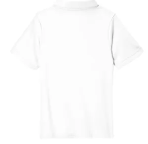 Detailed back view of a plain white children's short-sleeved casual cotton polo shirt