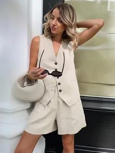Chic khaki cotton linen sleeveless vest and shorts set in old money style for summer