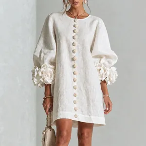 French Vintage 3D Floral Lantern Sleeve Cotton Blend Mini Dress For Women Elegant Round Neck Solid Loose Fit A-Line Dress