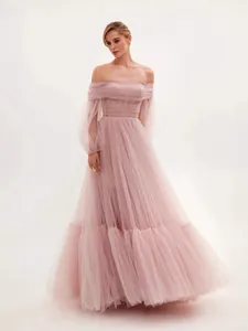 Elegant off-the-shoulder pink tulle gown with long puff sleeves for wedding evening gala