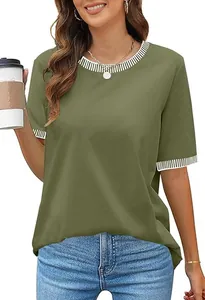 Detailed shot of an olive green short sleeve t-shirt with contrast ribbed neckline