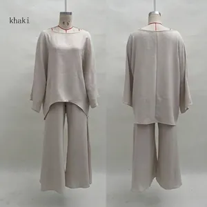 Front and back detail of a khaki loose casual shirt and wide-leg trousers two-piece set.