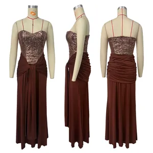 Three-view display of a coffee sequined strapless floor-length formal evening gown