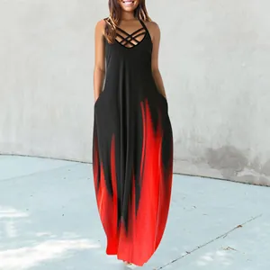 Full-length view of a casual sleeveless black maxi dress with red flame graphics