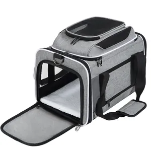Breathable gray Oxford fabric pet carrier with mesh windows and soft internal mat