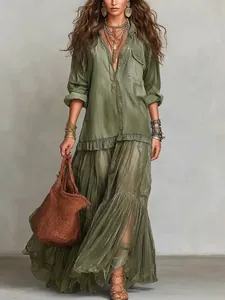 Full view of vintage olive green bohemian maxi dress with pockets and layered necklaces