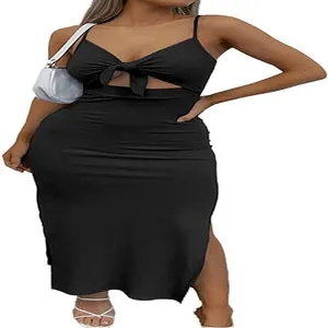 Detailed view of women's black sleeveless knit dress with tie-front and side slit