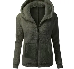 Close-up detail of women's warm olive green solid fleece zip-up hoodie with pockets
