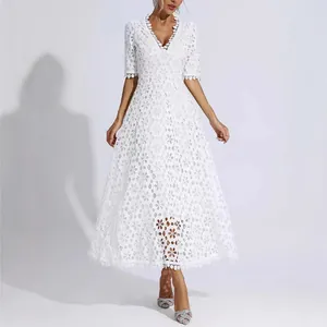 Women Elegant Deep V-Neck Lace Midi Evening Dress White Floral Hollow Out Half Sleeve Party Wedding Dress