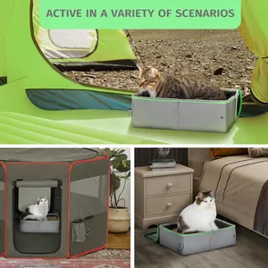 Litière de voyage pliable montrée sous une tente et dans des scènes d'intérieur.