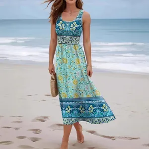 Bohemian sleeveless floral print maxi dress for beach vacations and summer wear
