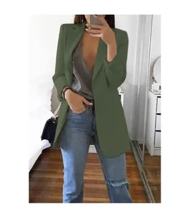 Elegant women's slim fit olive green notched lapel blazer jacket for professional office wear