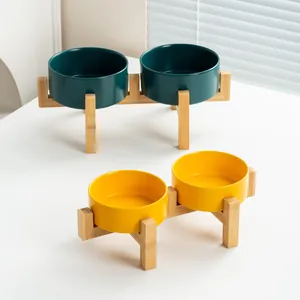Ciotola per Animali in Ceramica Con Supporto in Legno Rialzata Protezione del Collo Anti-Ribaltamento Doppia Ciotola per Gatti e Cani