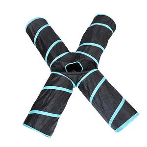 Foldable 4-way cat tunnel toy with turquoise trim for indoor feline exercise and play
