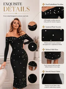 Elegant off-shoulder long sleeve midi dress featuring sophisticated pearl embellishments