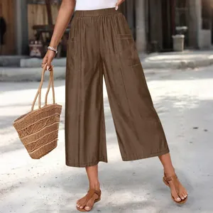 Stylish brown wide-leg cropped pants for women with comfortable elastic waist and pockets