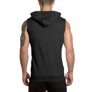 Detailed back view of a muscular man wearing a charcoal grey sleeveless workout hoodie