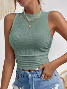 Elegant sage green slim fit sleeveless eyelet knit crop tank top for women