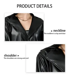 Close-up of the crisp neckline and strong shoulders on a black leather trench coat