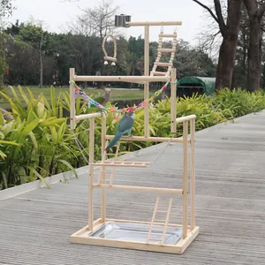 Grand support de jeu en bois pour perroquets avec échelles et balançoire à l'extérieur