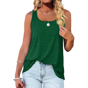Front view of a women's dark green sleeveless tank top with a deep scoop neckline.