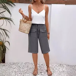 Women's casual grey drawstring shorts with pockets for summer outdoor wear.