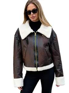 Vintage braune Damen-Fliegerjacke aus Kunstpelz mit weißem Fleece-Besatz und Reißverschluss
