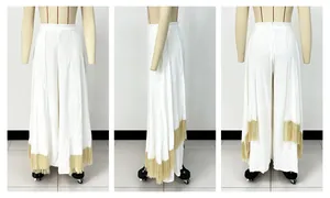 Detailed three-angle view of white wide-leg pants with elegant gold fringe hem decoration