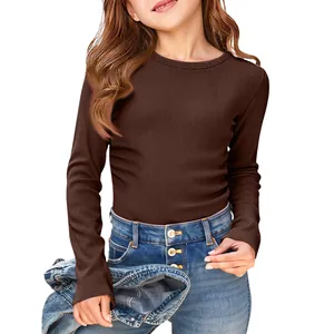 High-quality girls' long-sleeve brown ribbed T-shirt featuring a crew neck and slim fit