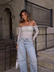 Sexy mauve off-shoulder long sleeve top with sparkling silver rhinestone twist detail